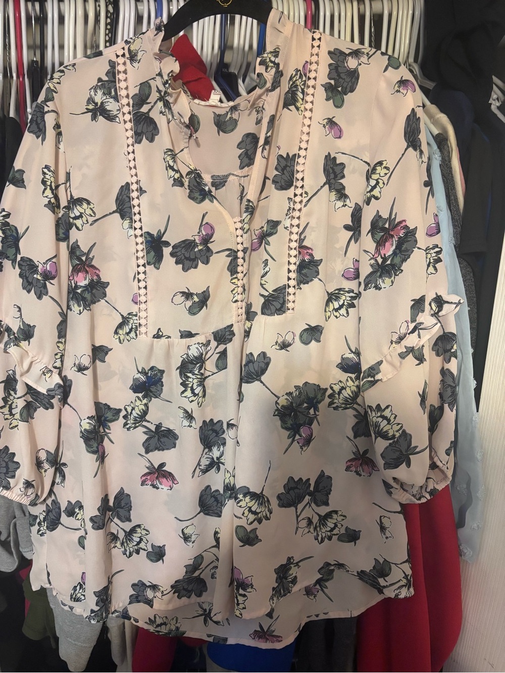 Maurices Blush Pink Floral Tie-Neck Blouse